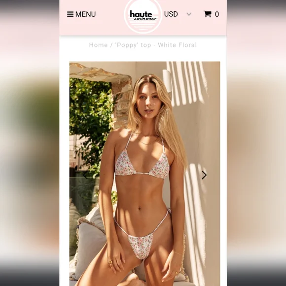 HAUTE swim pink poppies green leaves ribbon bows edging triangle string bikini - Picture 8 of 17